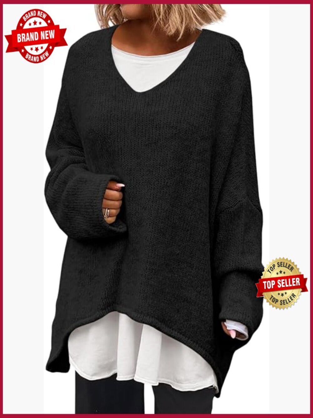 Oversized V Neck Batwing Sleeve Knit Pullover Sweater Tunic